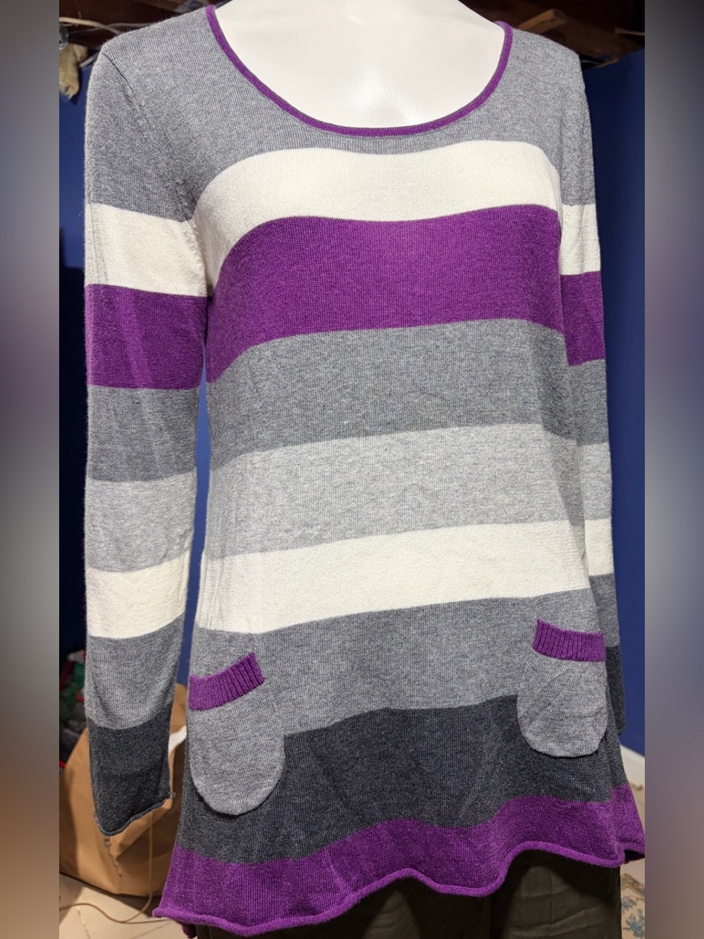 Style & Co  Purple, Gray & Cream Striped Scoop Neck Sweater NWT for $49  S/M
